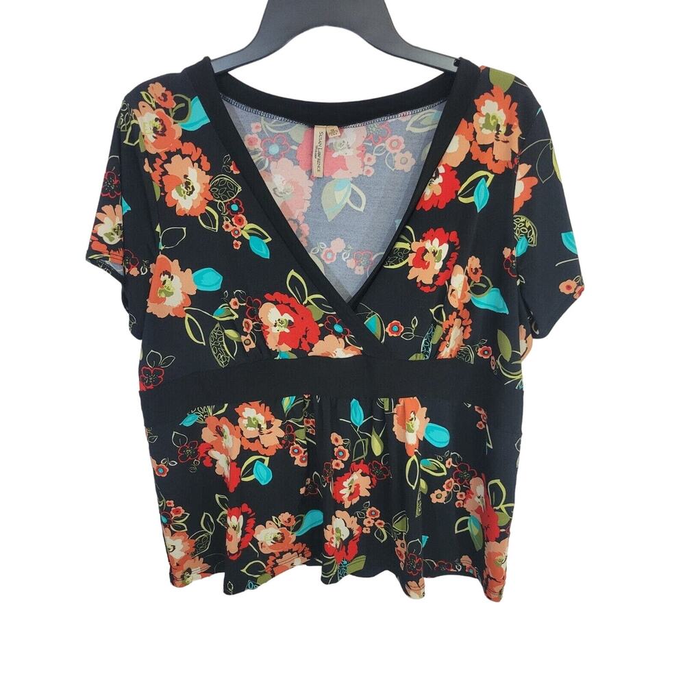 Susan Lawrence Black Floral Print V-Neck Knit Short Sleeve Top Women's Size 1X‎